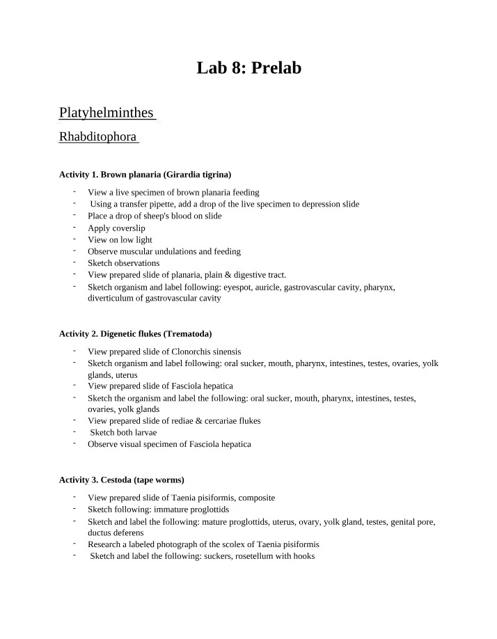 Lab 8 Prelab - Platyhelminthes Rhabditophora