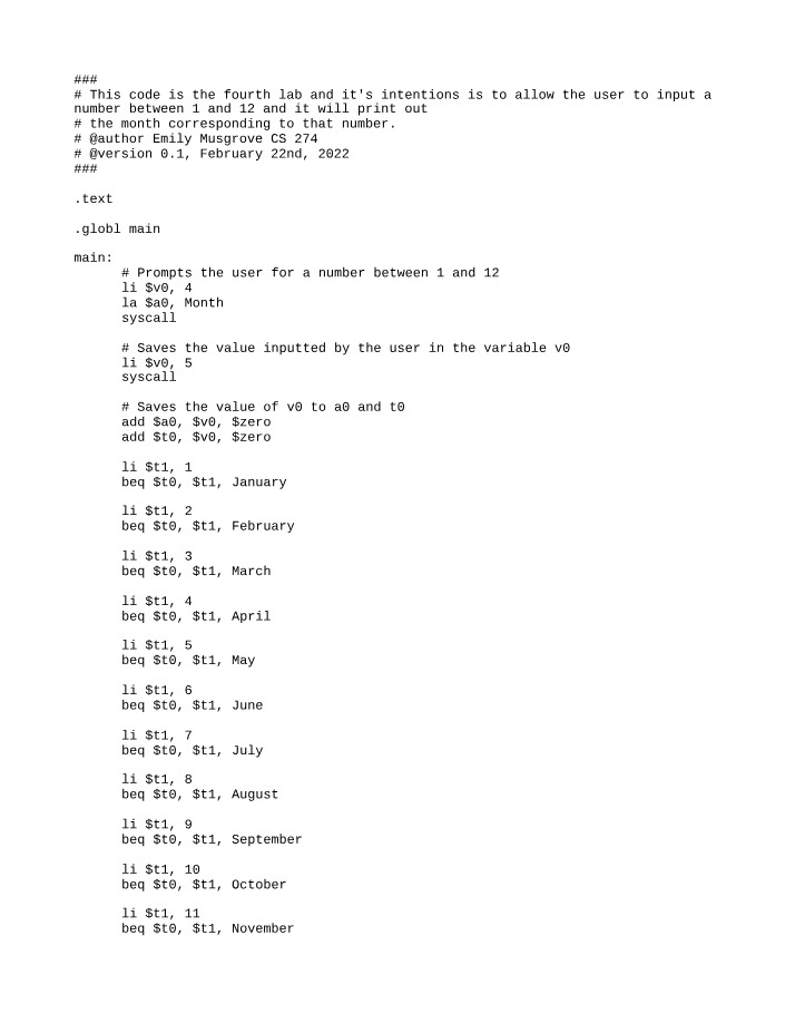 CS274 - Code for Displaying Month from User Input
