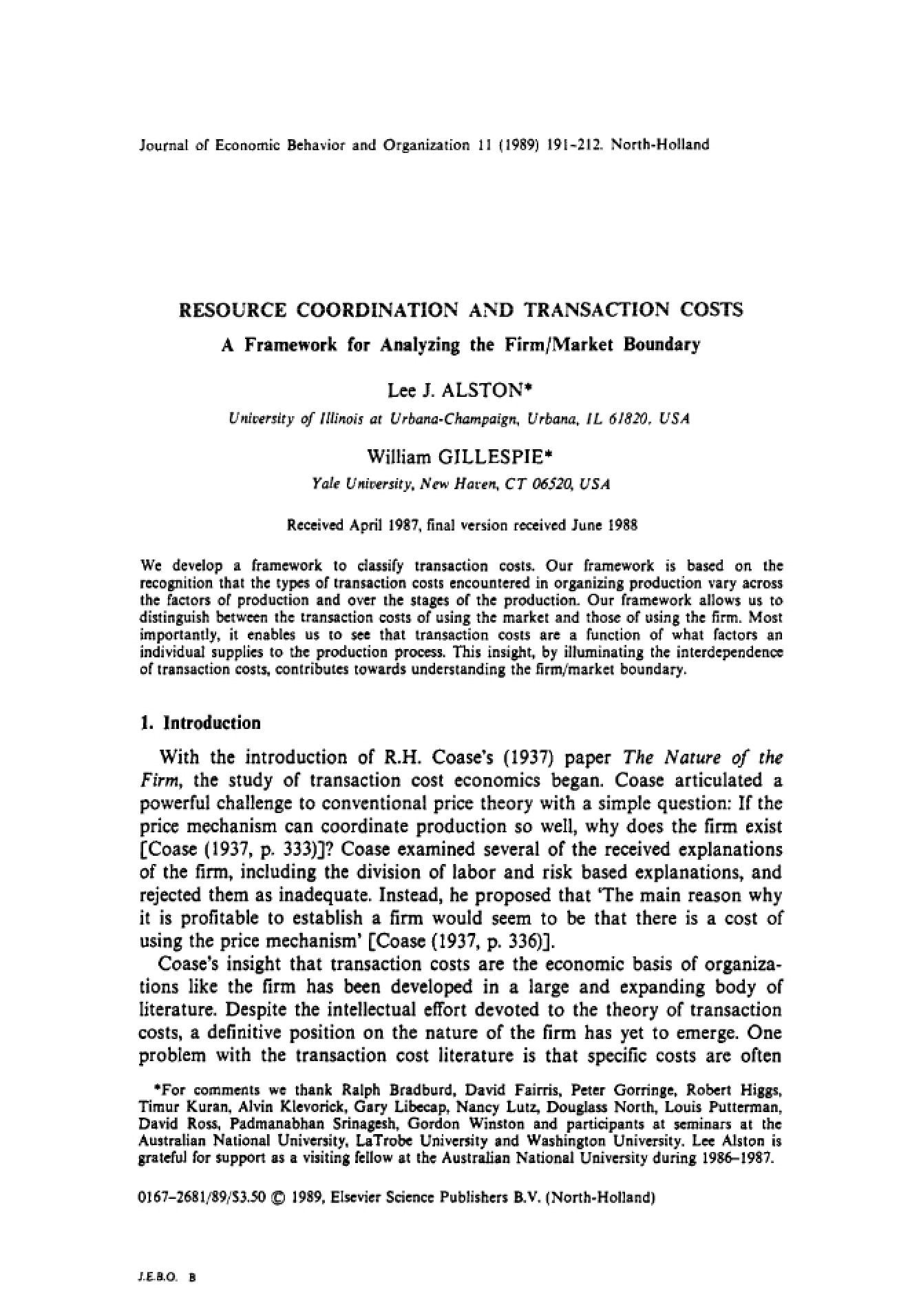 Coordination of Resources and Transaction Costs
