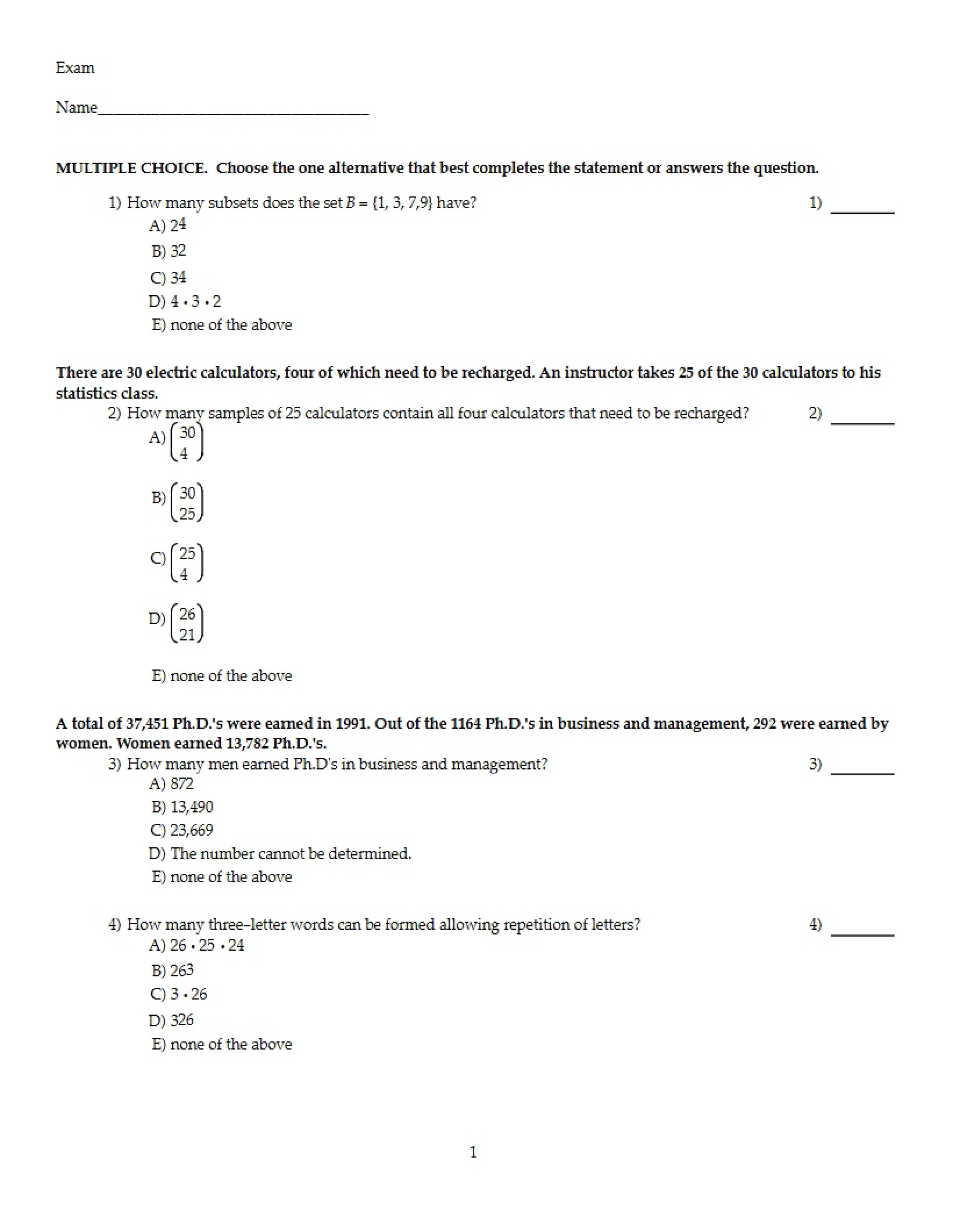 Finite Math Sample Midterm