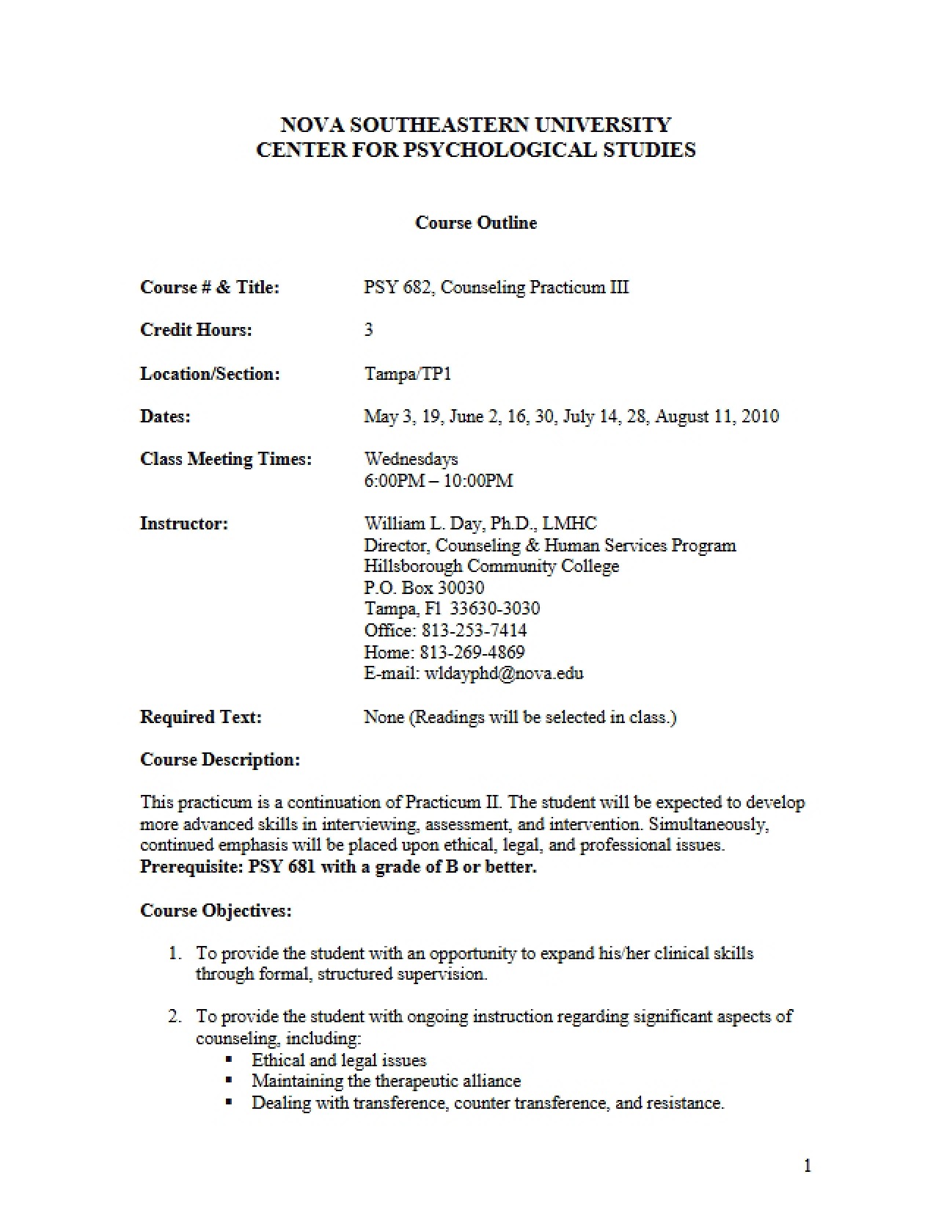 Counseling Practicum III Outline