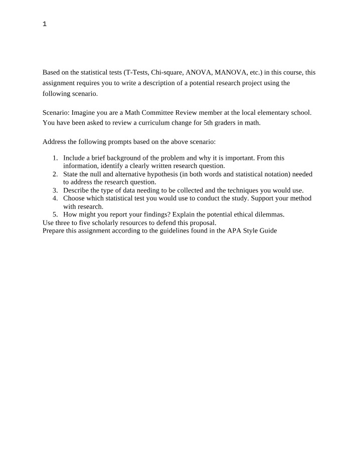 5th Grade Math Assignment - Statistical Tests for Curriculum Change