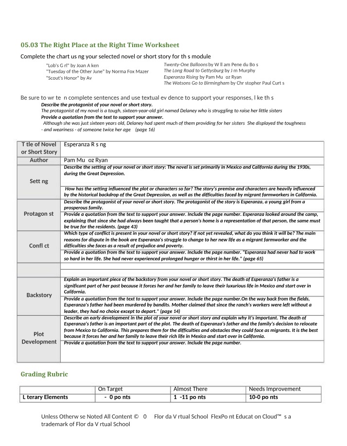 Worksheet for Esperanza Rising Novel Study