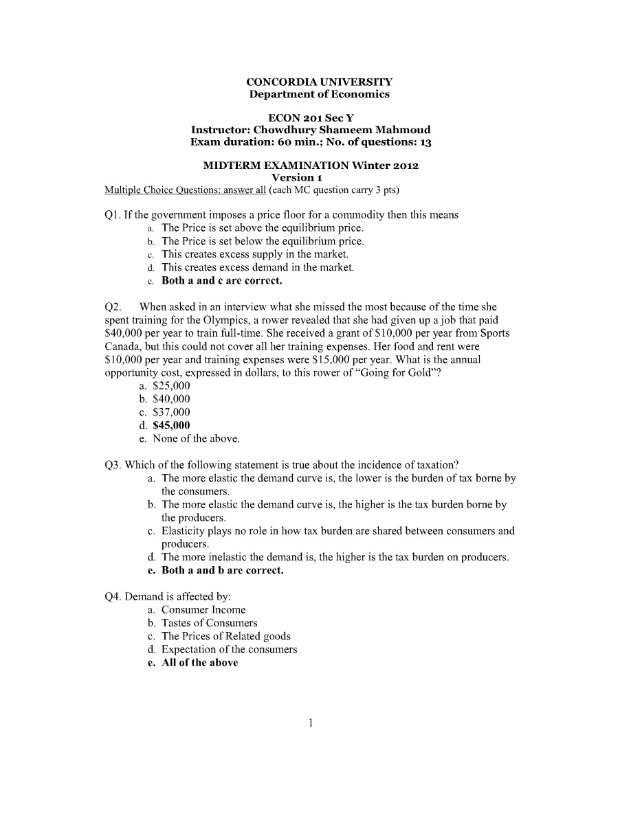 Winter 2012 Midterm Exam - ECON 201 Section Y
