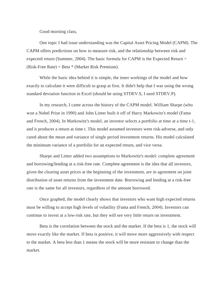 History of the Capital Asset Pricing Model (CAPM)