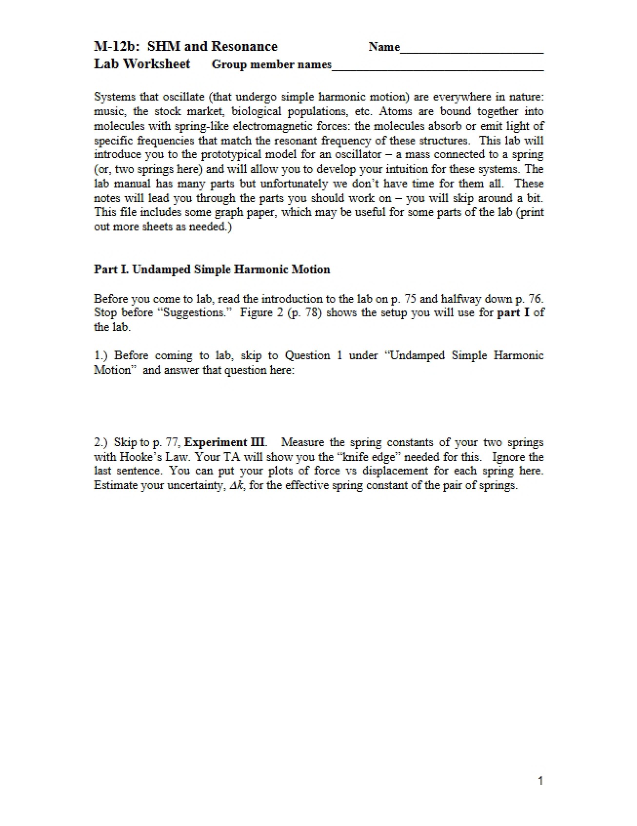 Lab Worksheet for SHM and Resonance