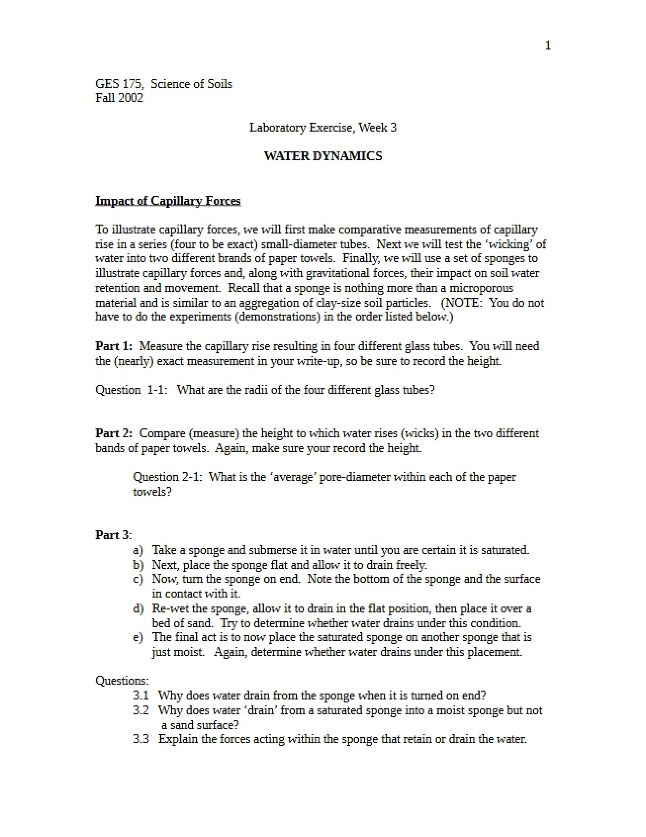 Soil Science Lab Three Water Dynamics