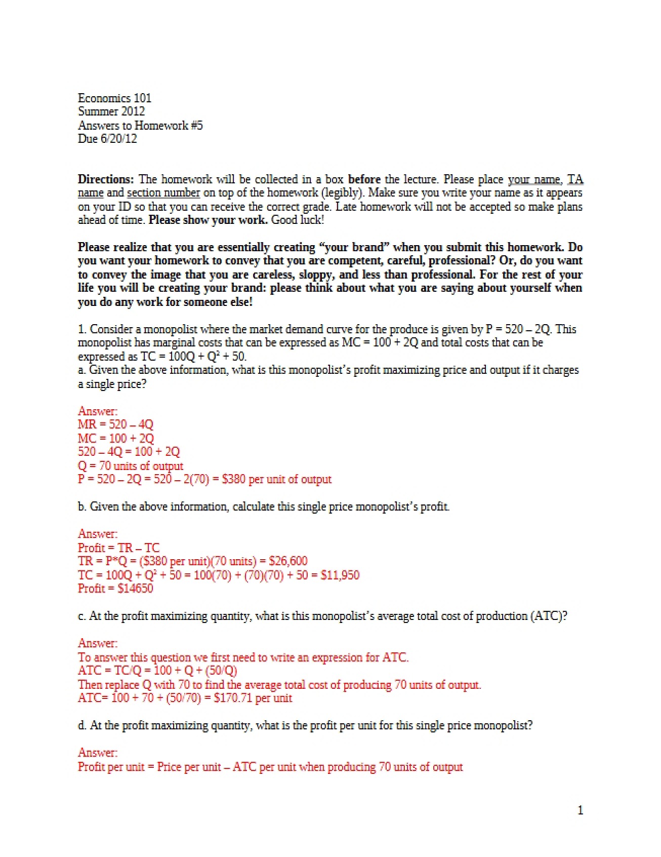 Solutions to Homework Assignment Five