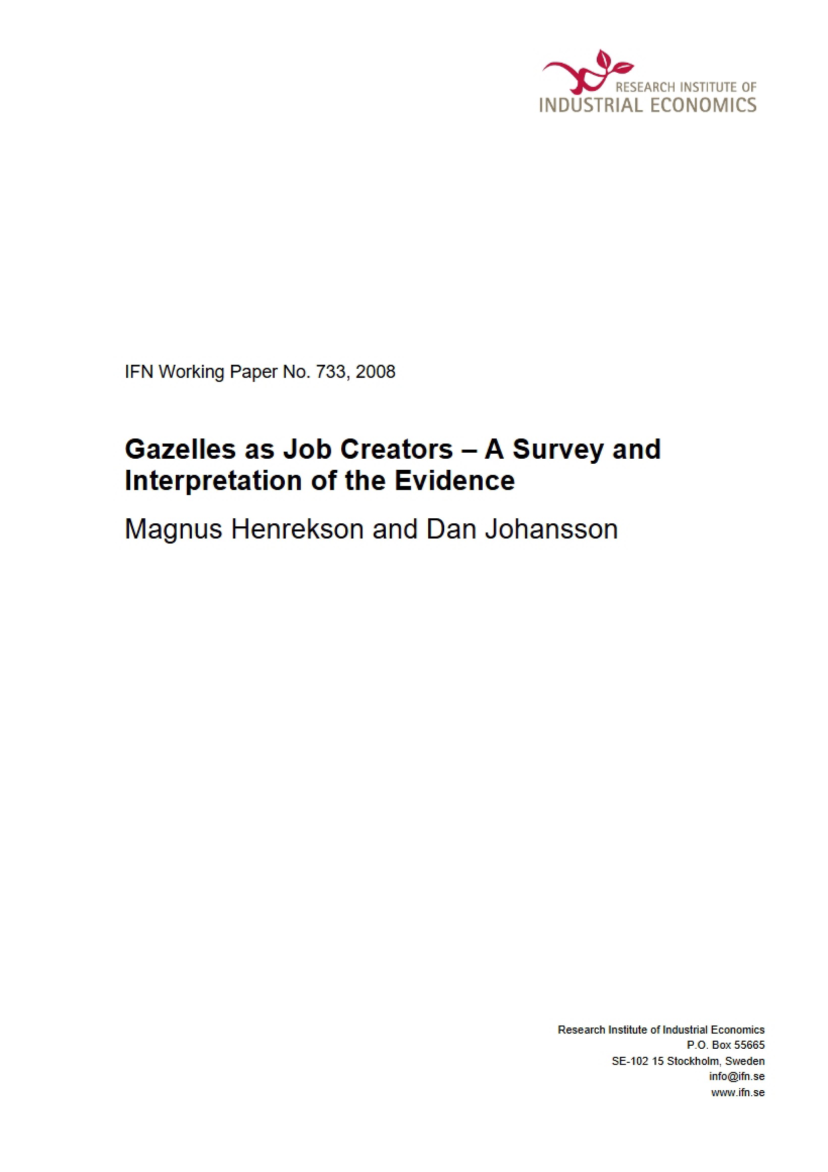 Evidence Survey Gazelles creating Jobs
