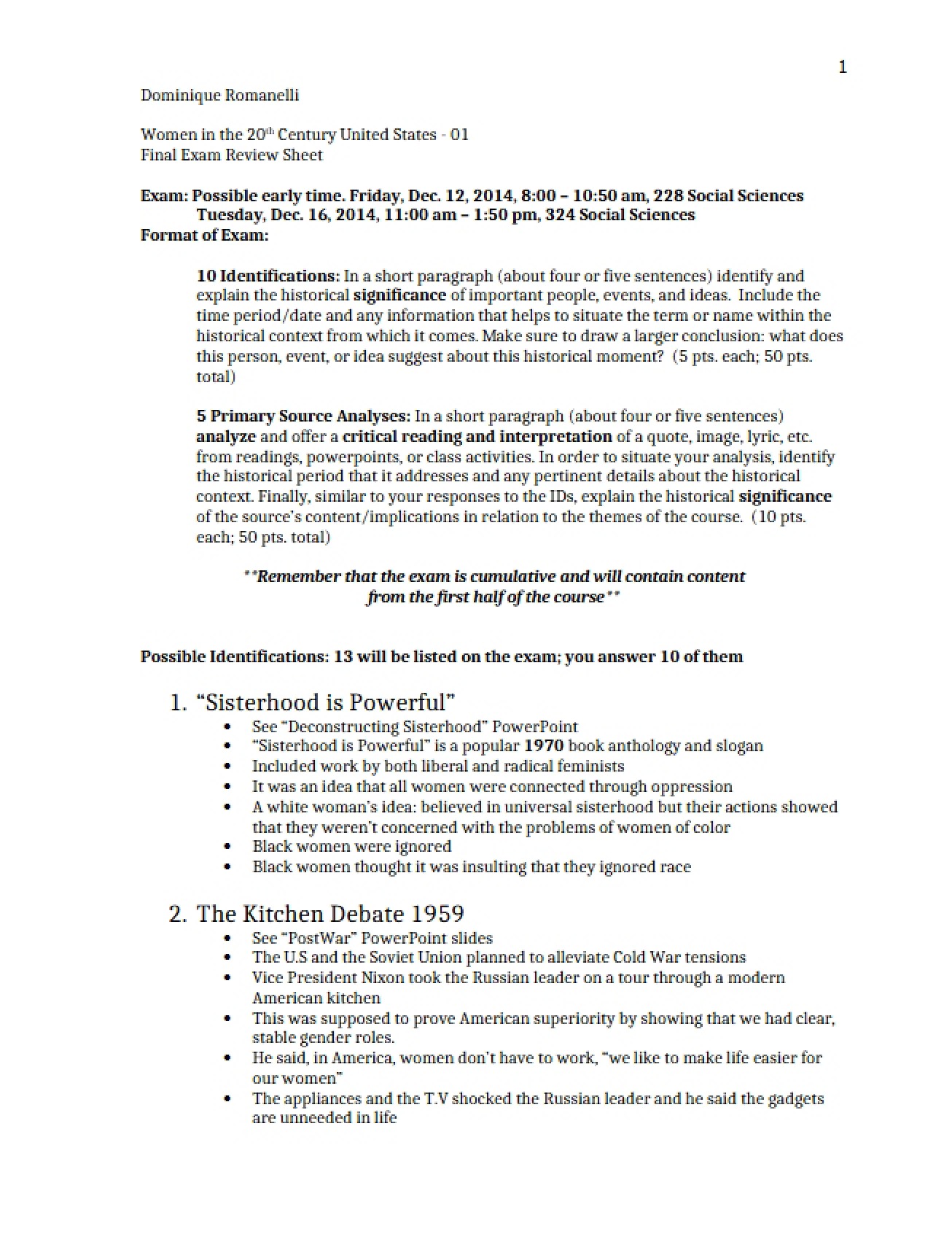 Final Exam Review Sheet