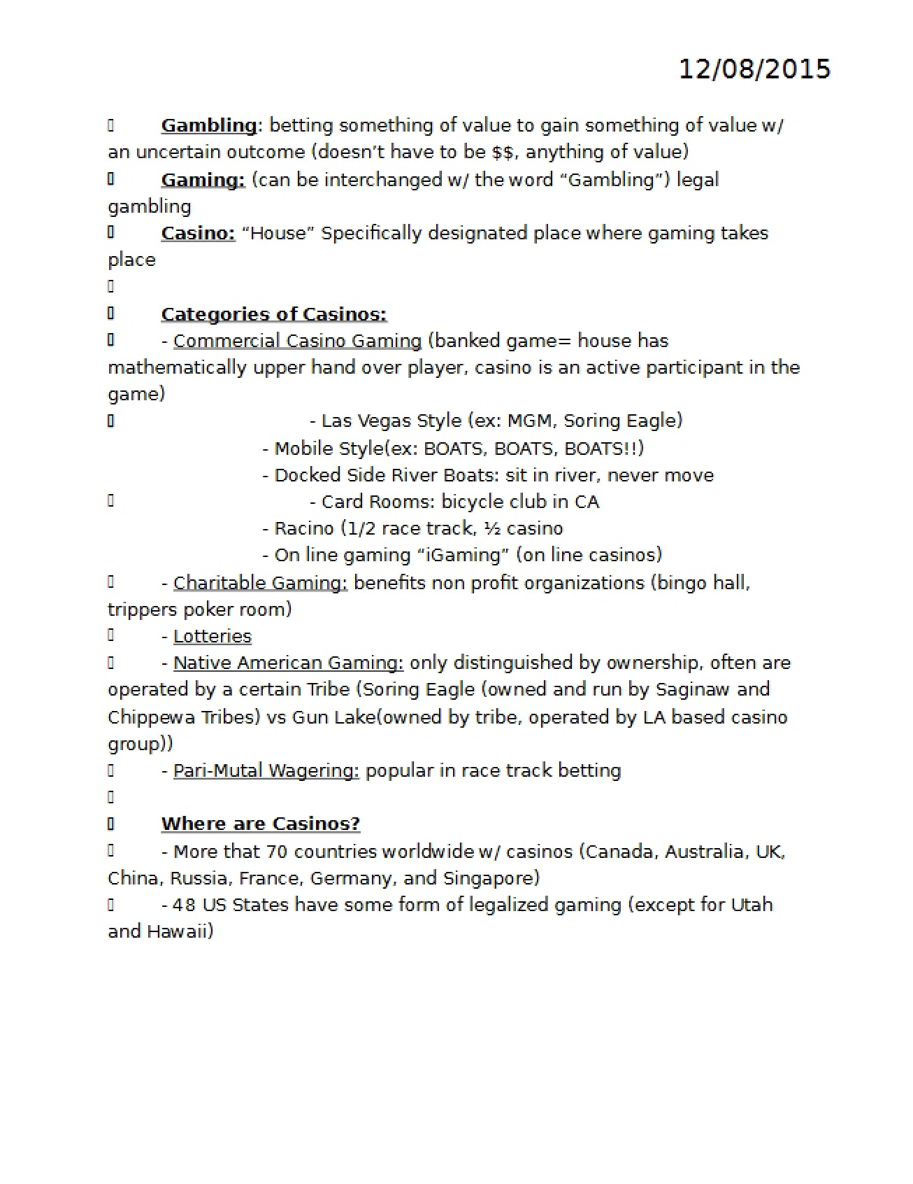 Lecture Notes for Casino Industry