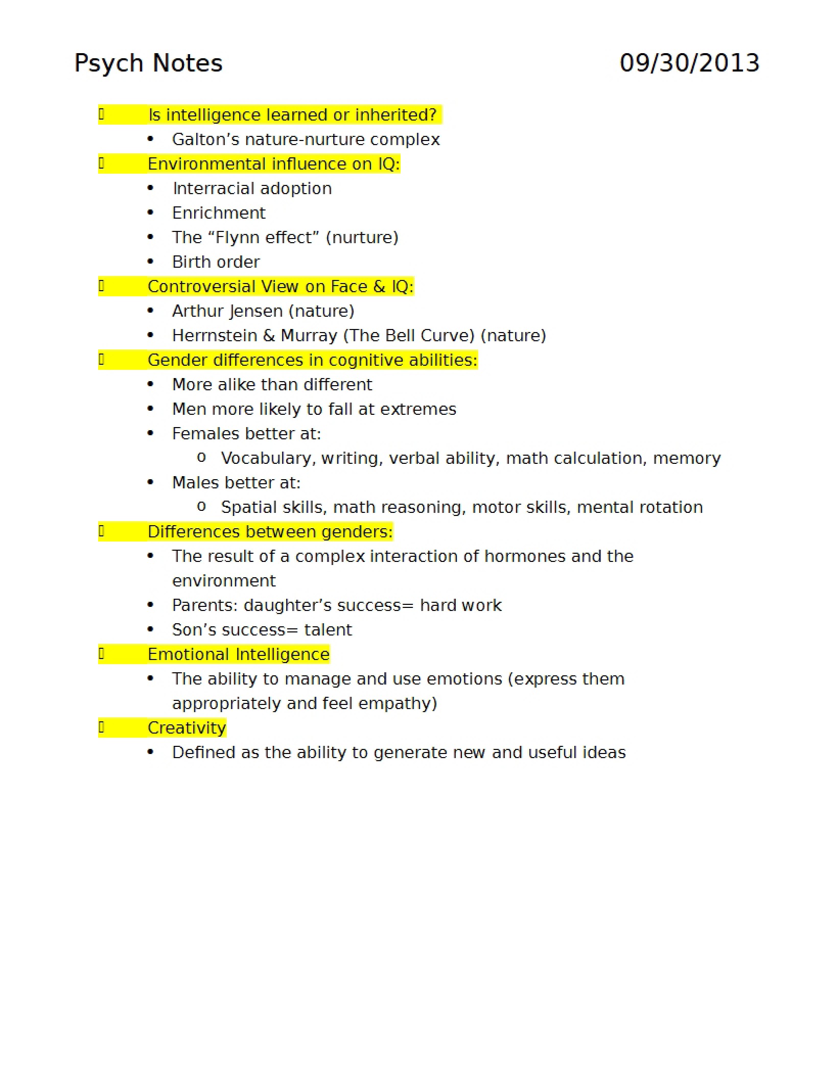 Psychology Class Notes Sept 30