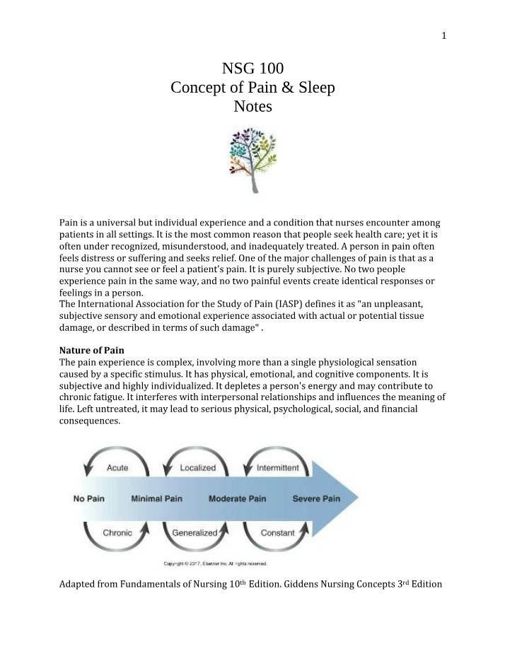 Notes on Concepts of Pain and Sleep - NSG 100