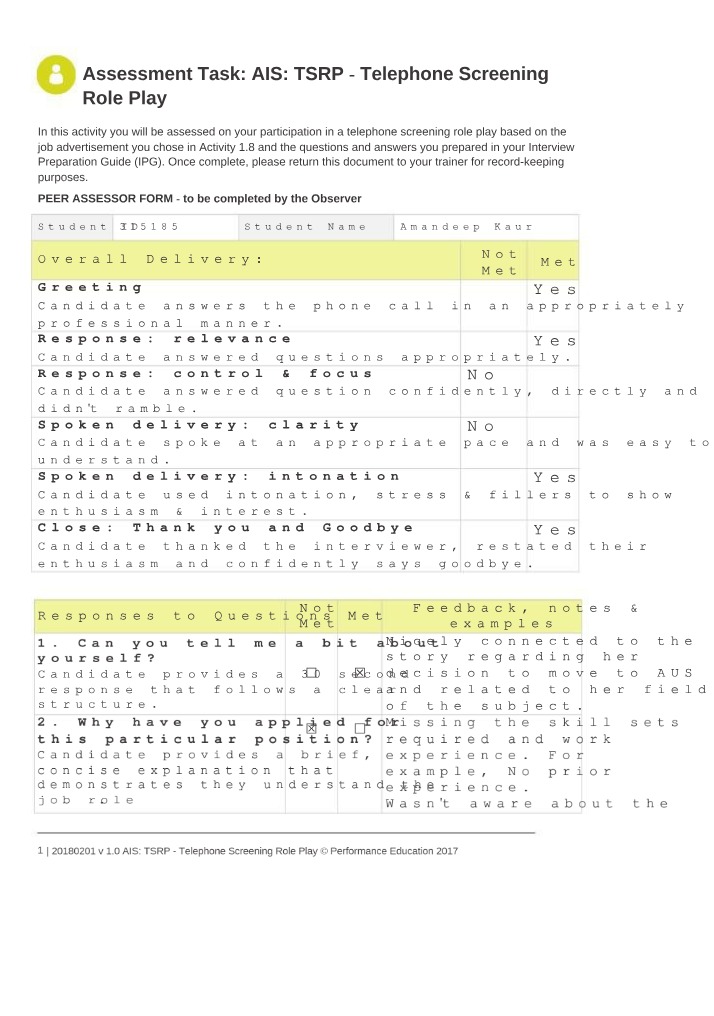Telephone Screening Role Play Assessment