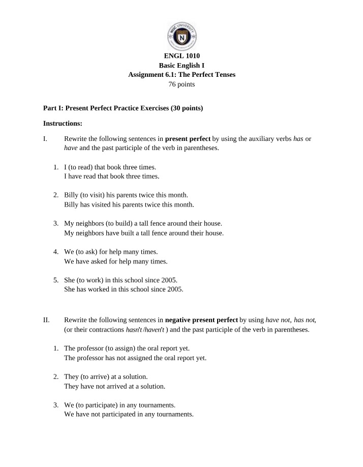 The Perfect Tenses - Assignment 6.1