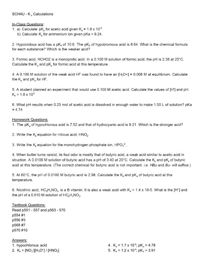 Ka and pKa Calculations for Hypoioidous, Ammonium Ion, and Acetic Acid