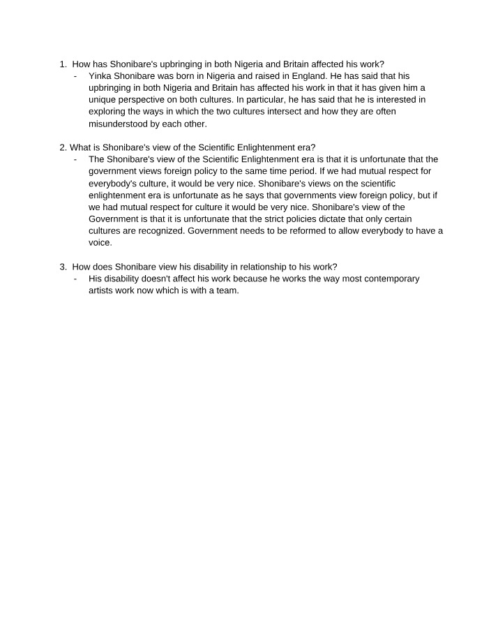 Analysis of Yinka Shonibare