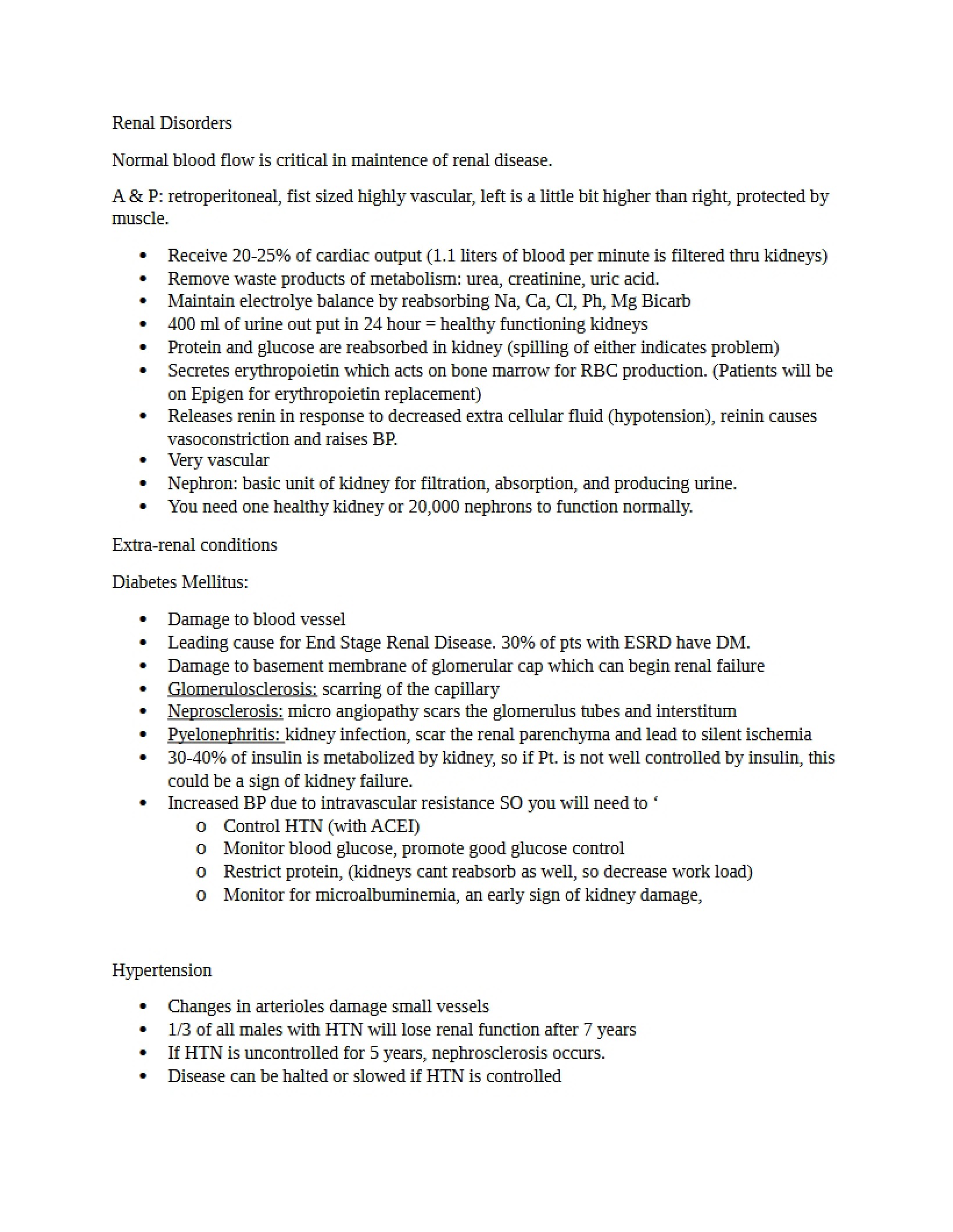 Notes on the Renal System