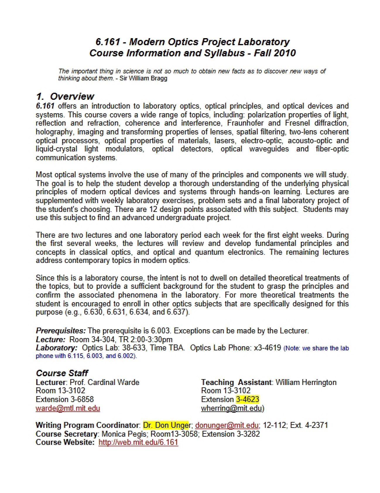 Modern Optics Syllabus