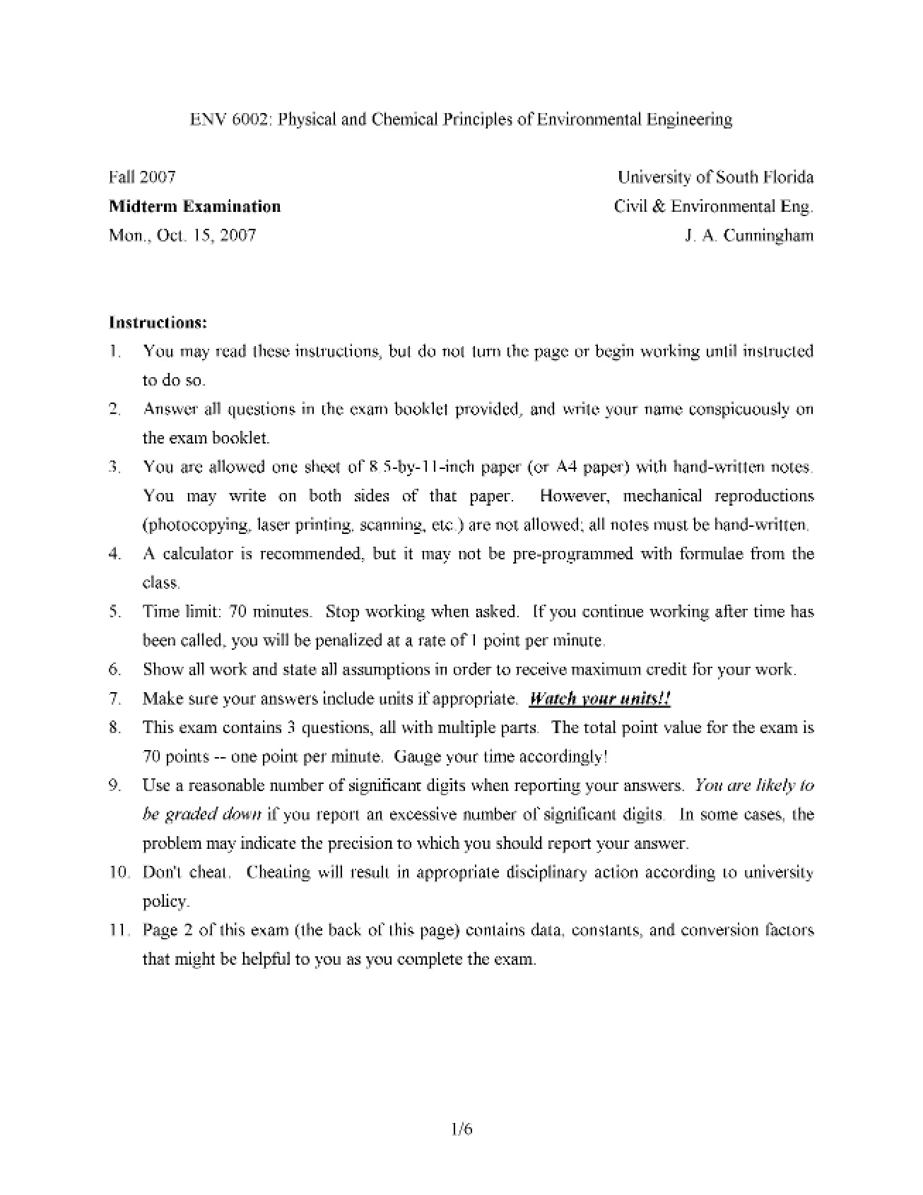 Midterm Examination for ENV 6002