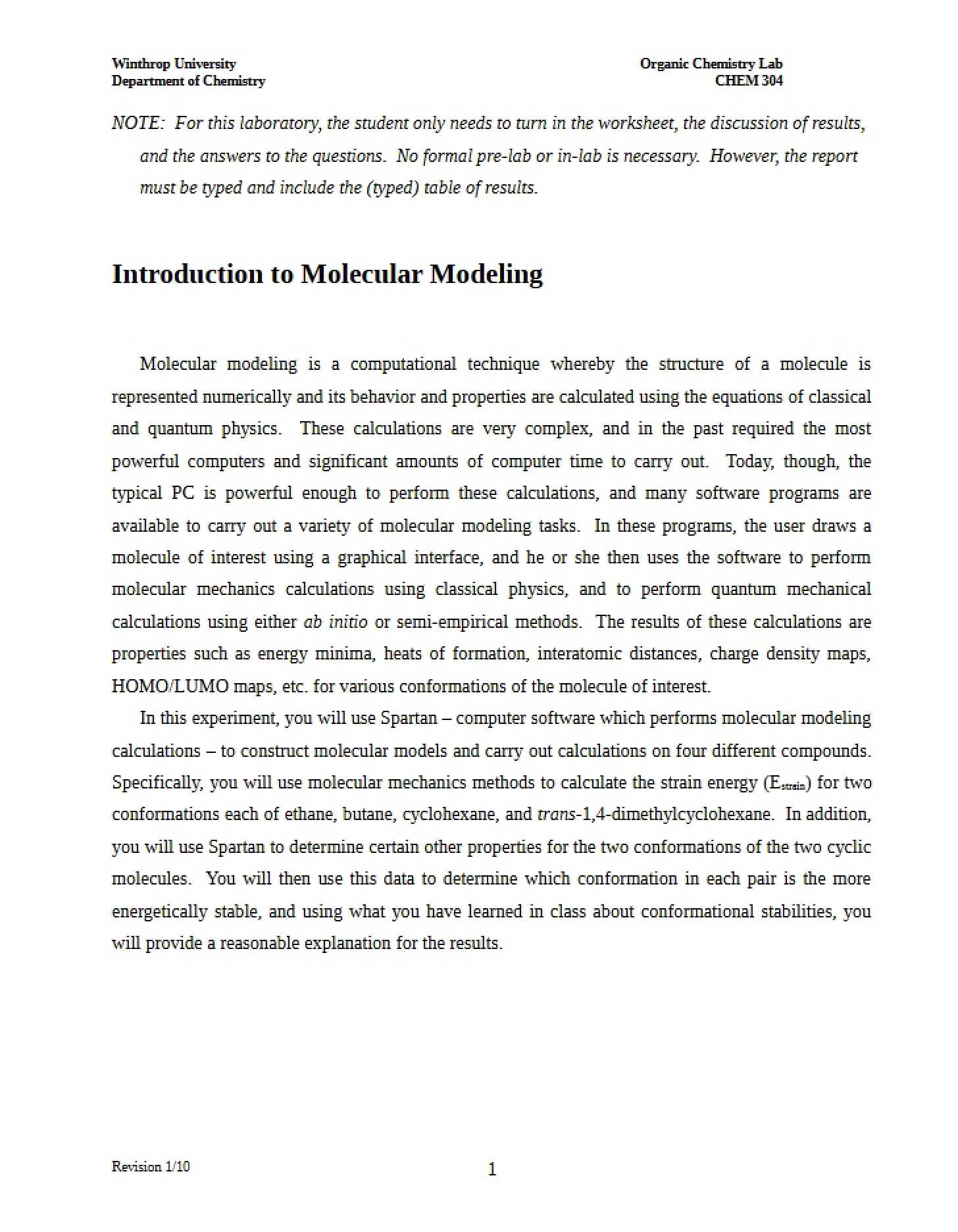 Introduction to Modeling Molecules