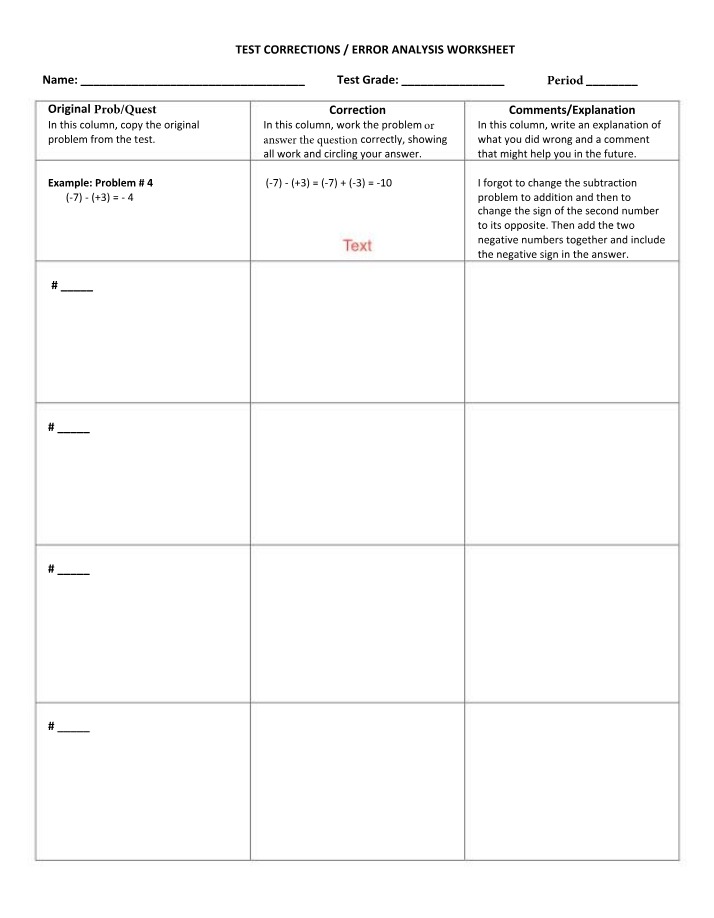 Worksheet on Test Corrections and Error Analysis