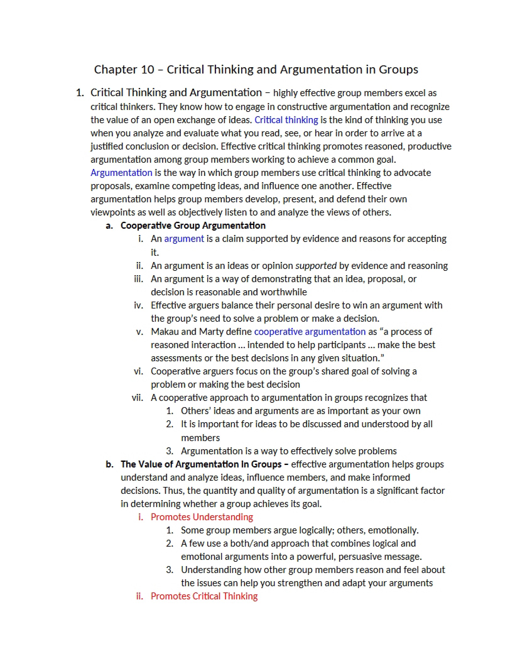 Argumentation and Critical Thinking in Groups (Ch 10)