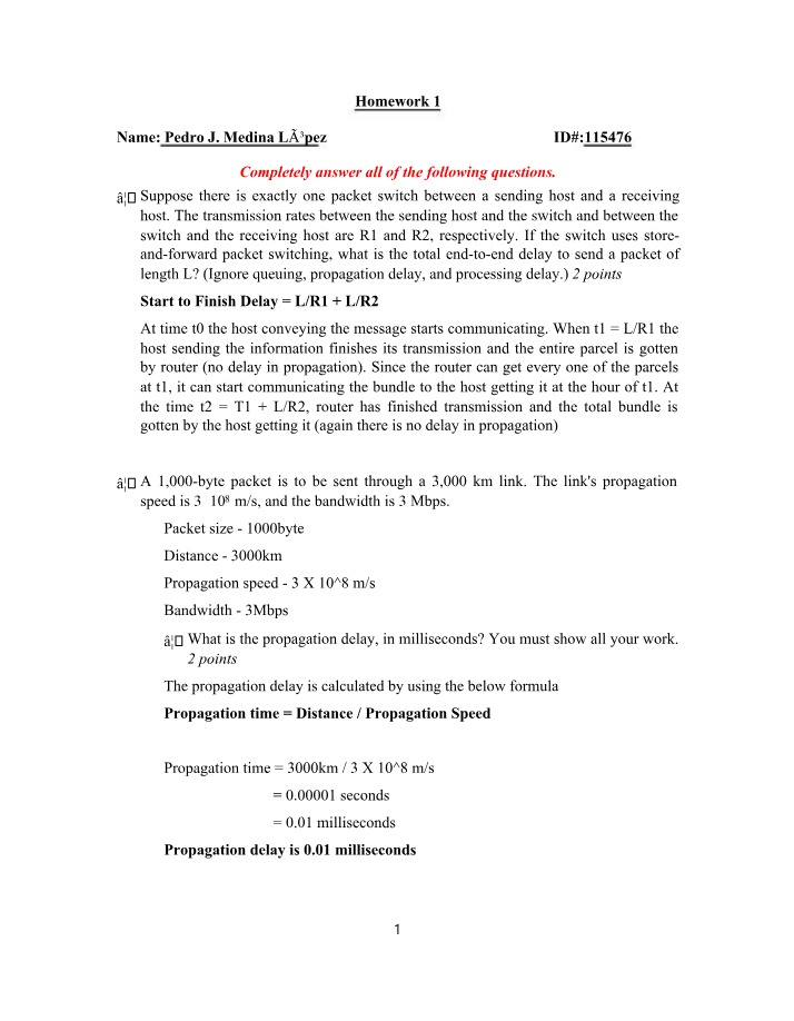 Homework 1 - Packet Switching and End-to-End Delay
