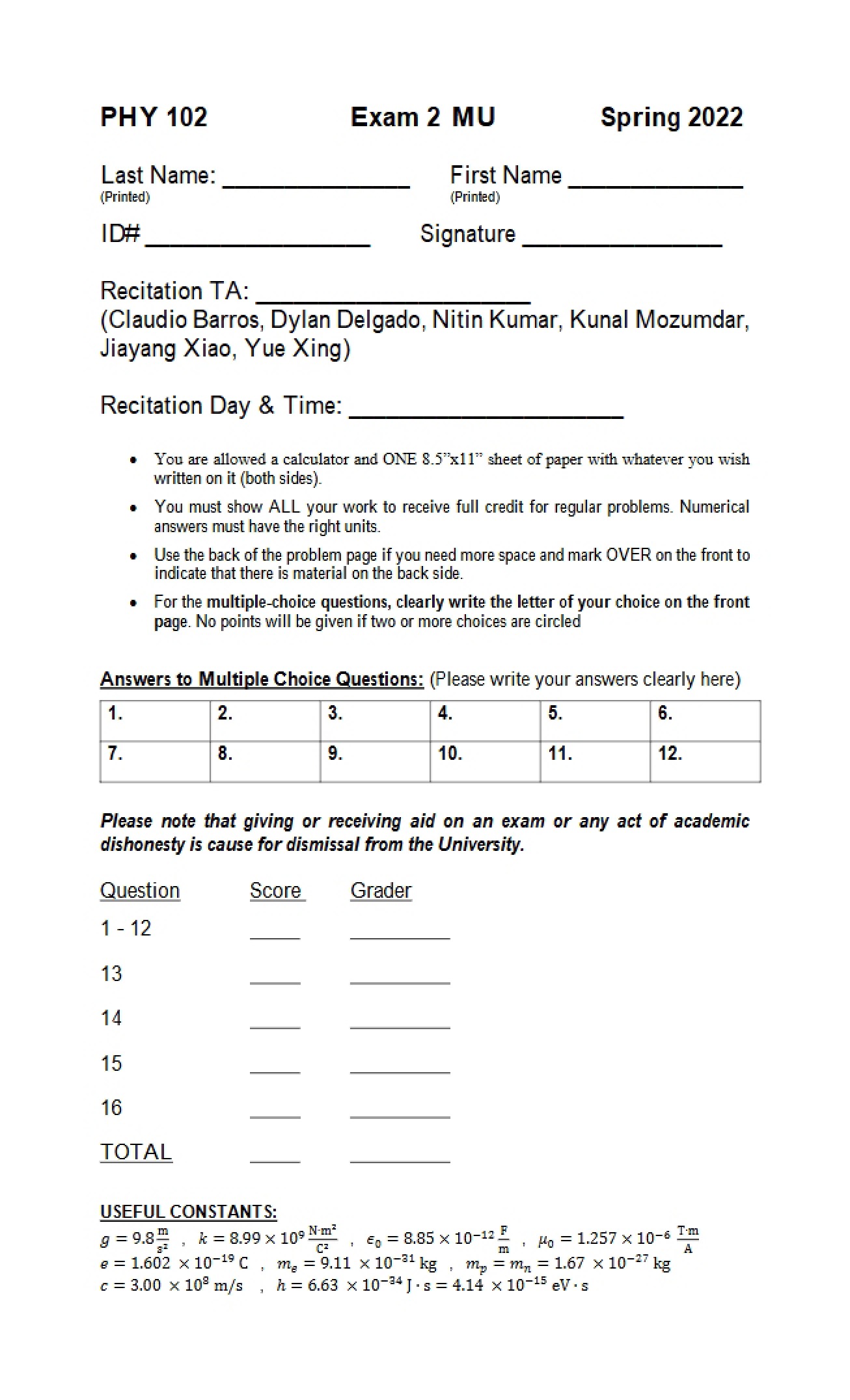 College Physics Exam Two