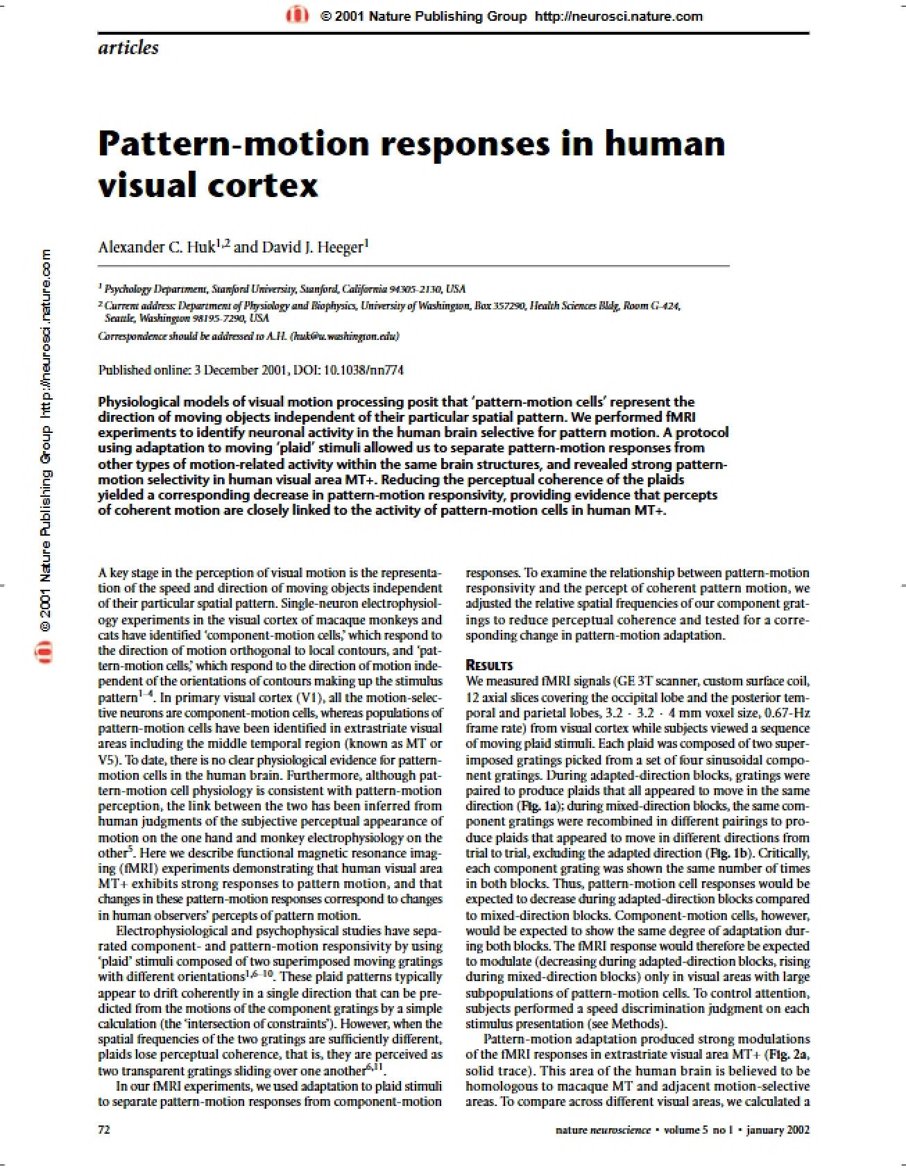 Visual Cortex Responses to Pattern Motion