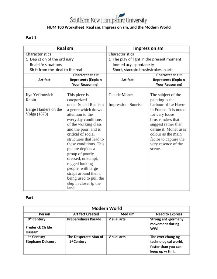 Worksheet - Realism, Impressionism, and the Modern World