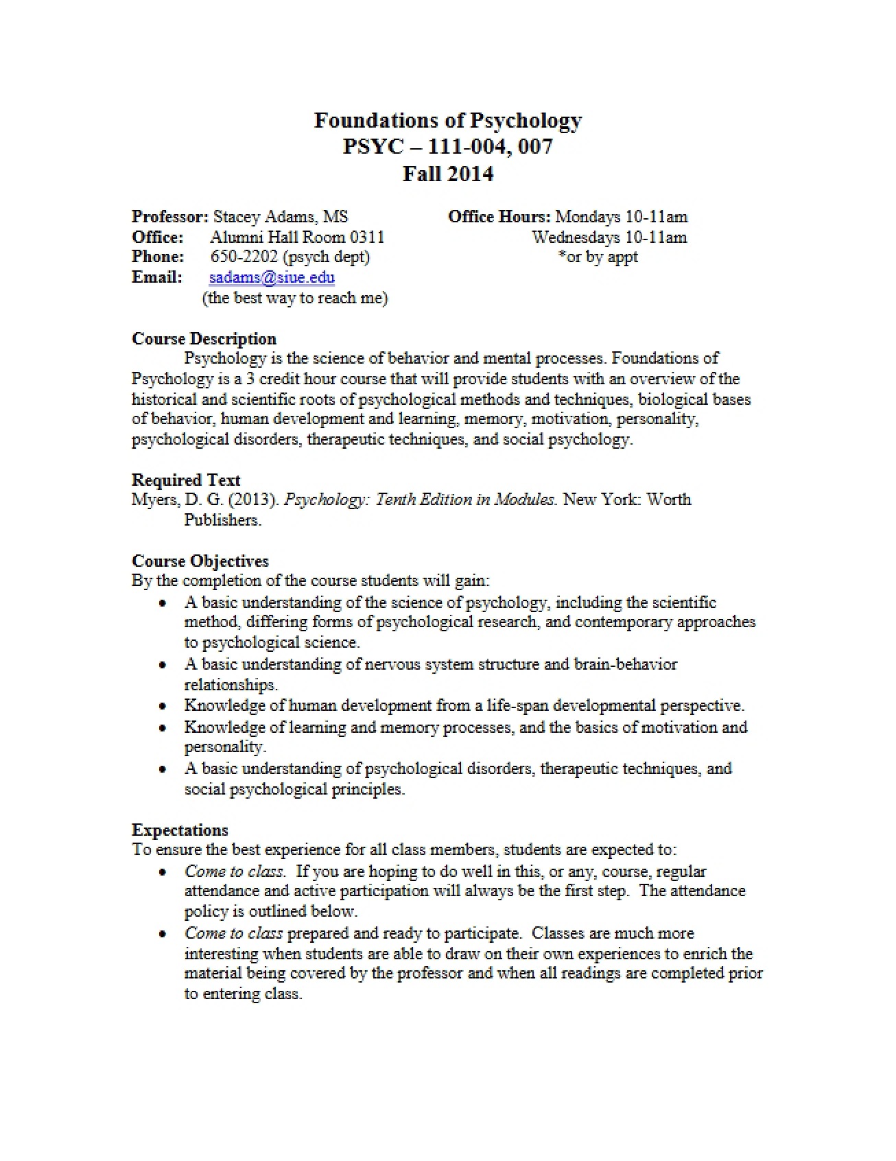 Introductory Psychology Course Syllabus