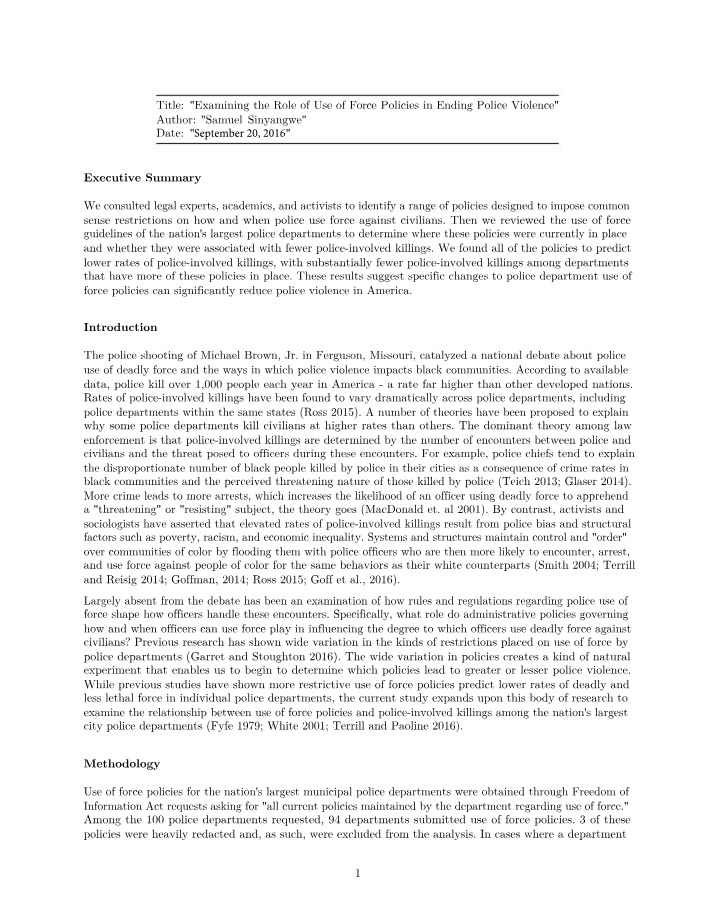 Use of Force Policies - Ending Police Violence