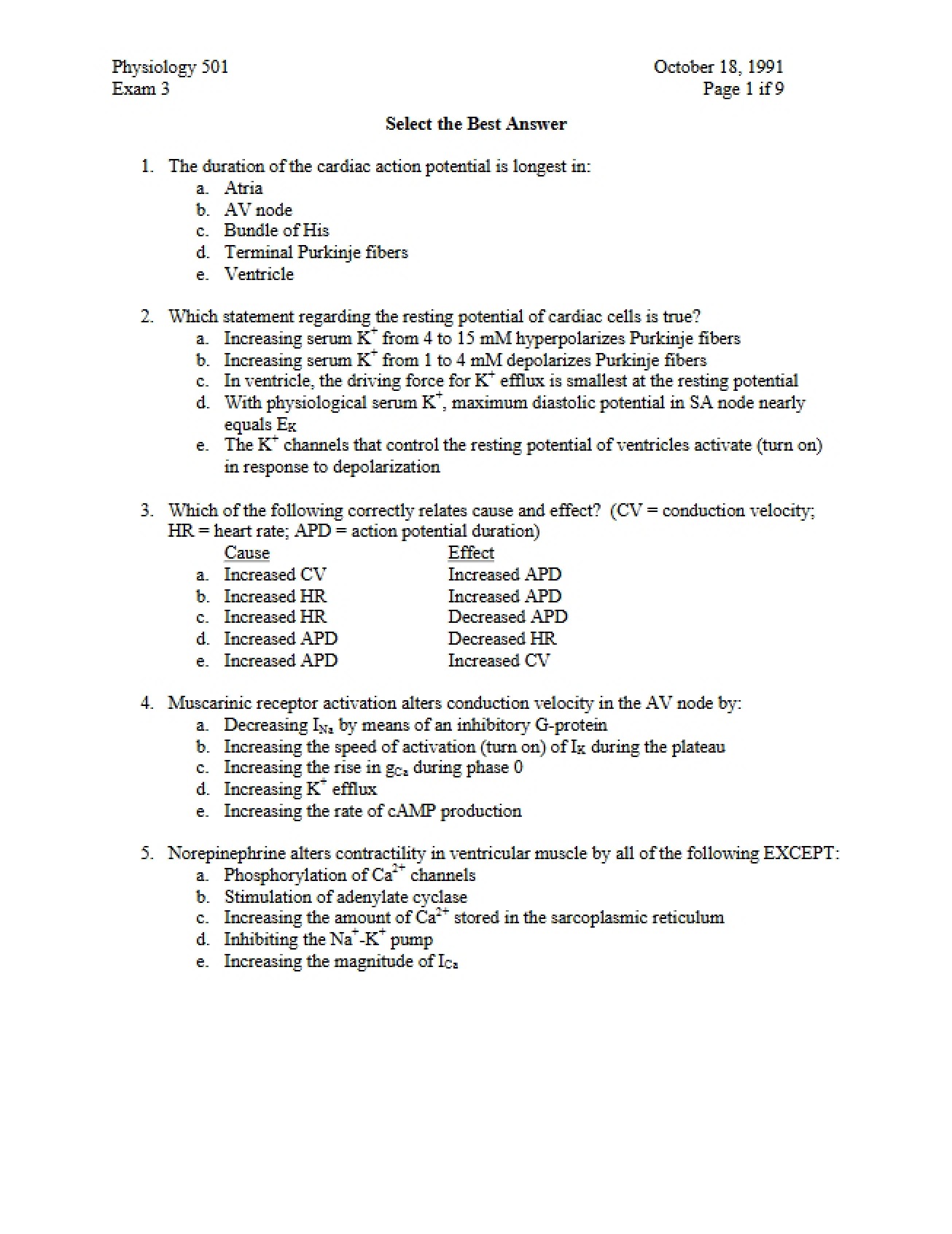 Third Physiology Exam (1991)