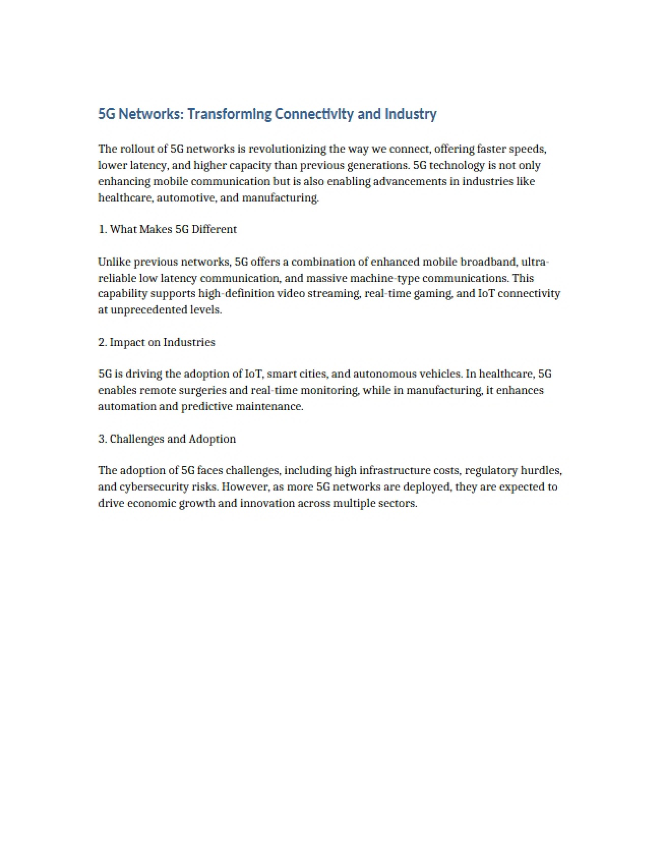 Connectivity and Industry Transformation via 5G