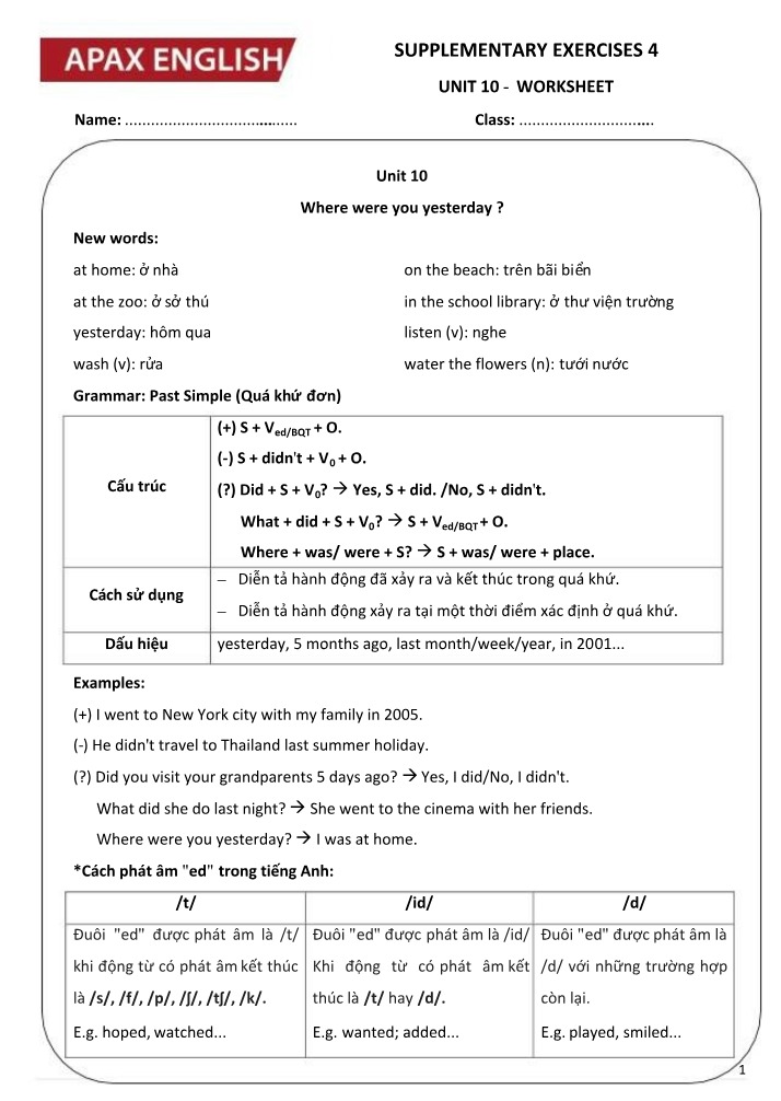 Worksheet for Unit 10