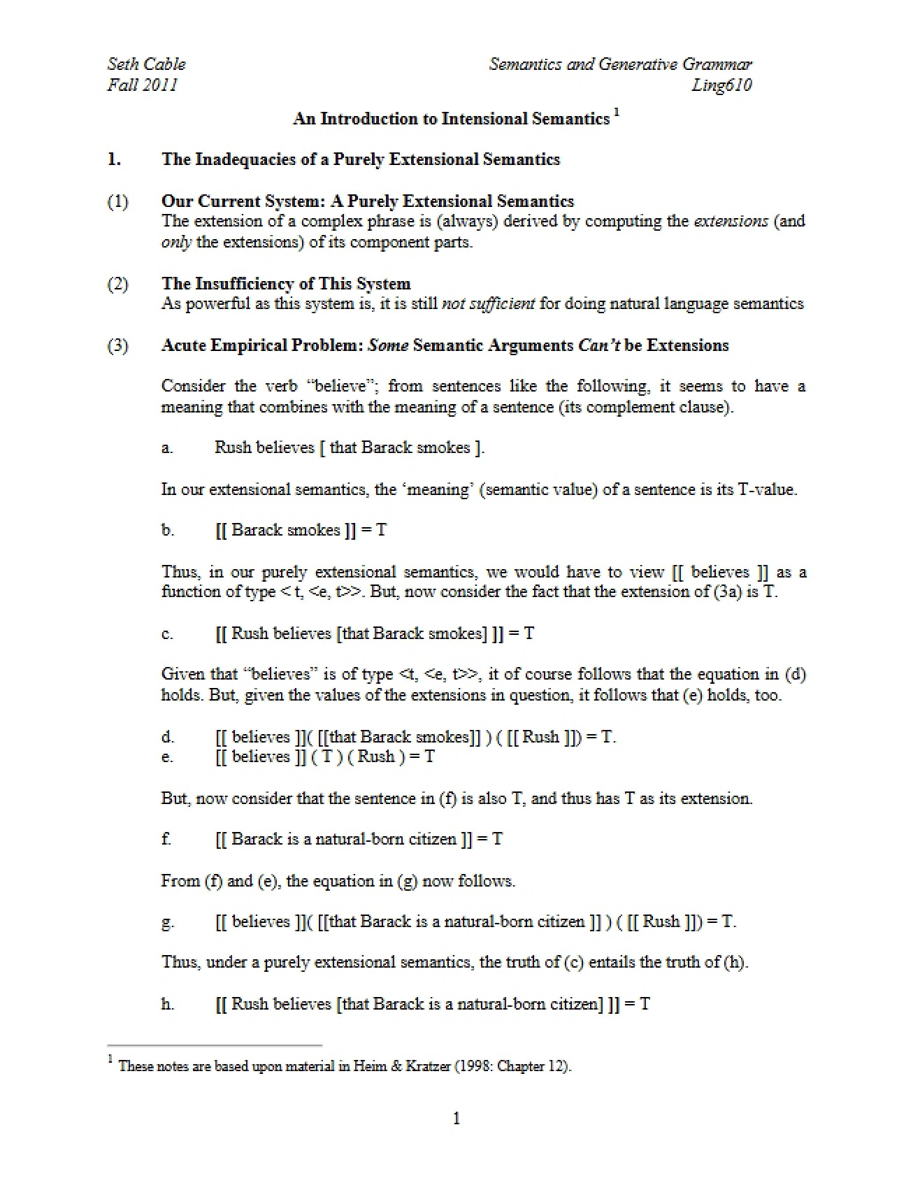 Intensional Semantics Introduction
