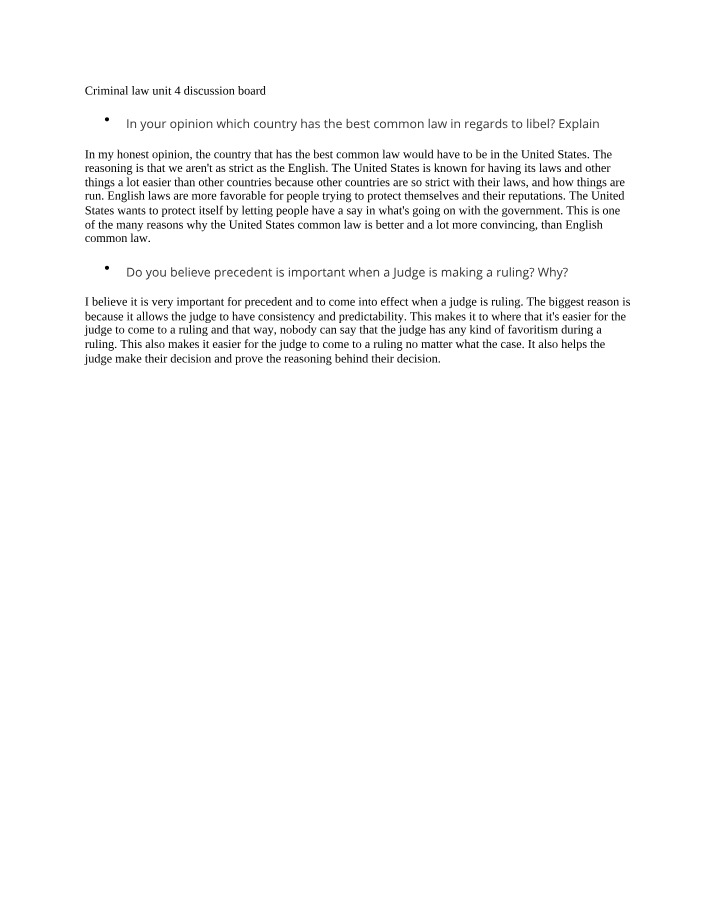 Unit 4 Discussion Board - Criminal Law
