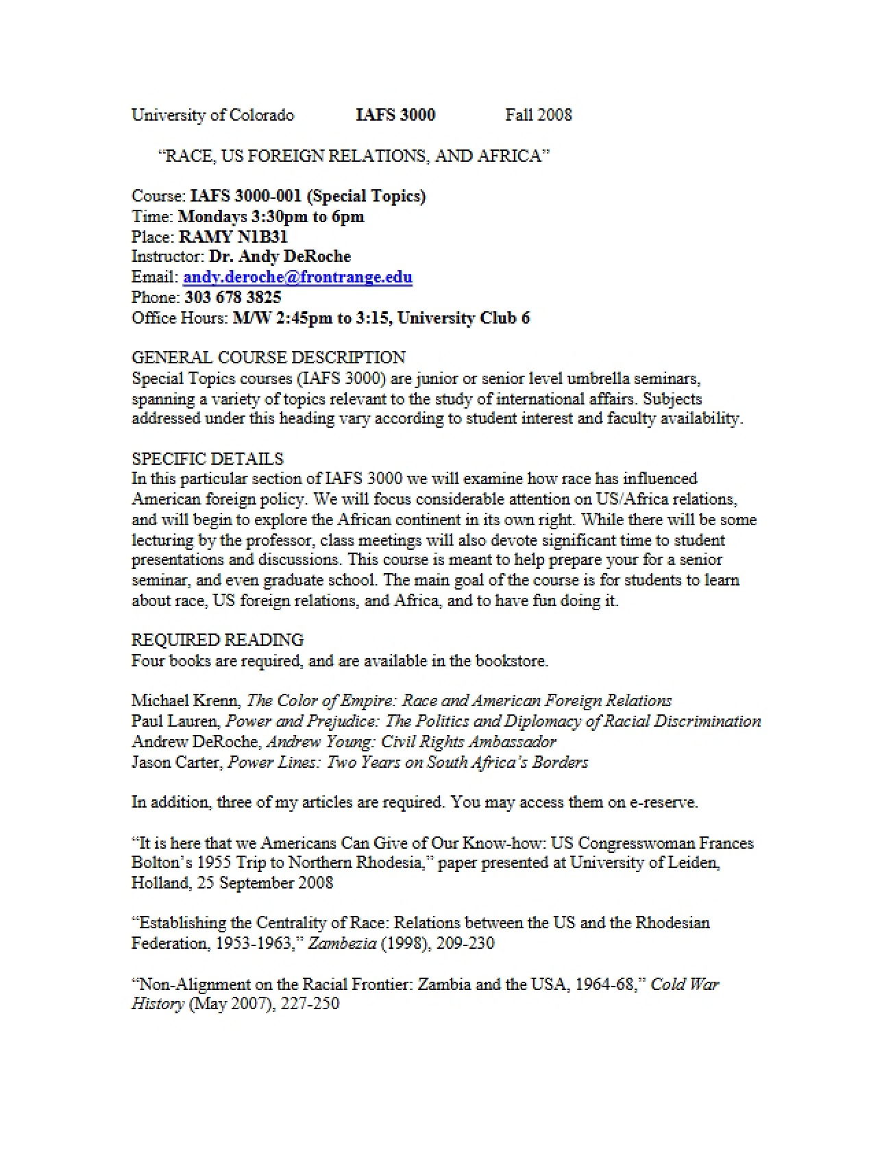 Course Syllabus for Special Topics in International Affairs