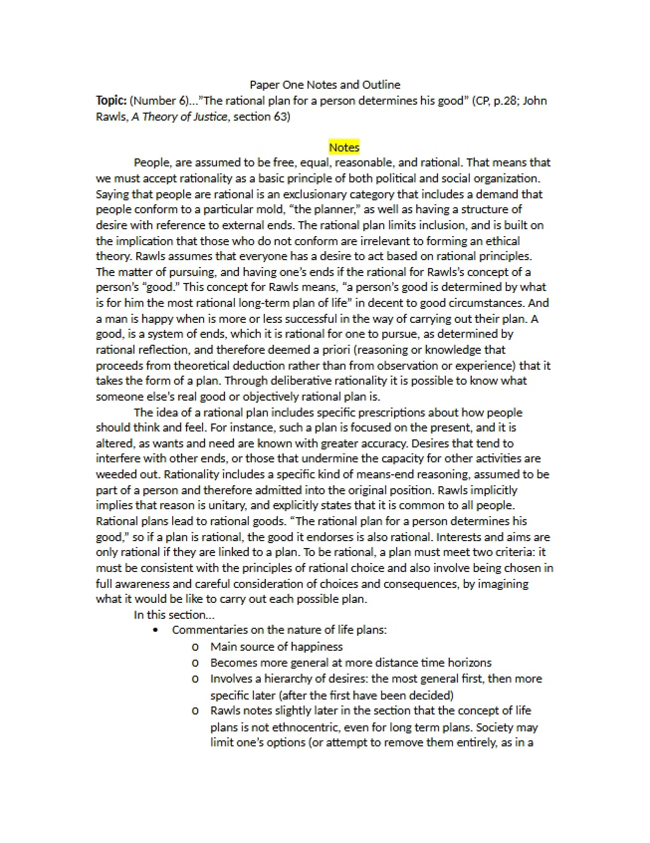 Plan of Rationality