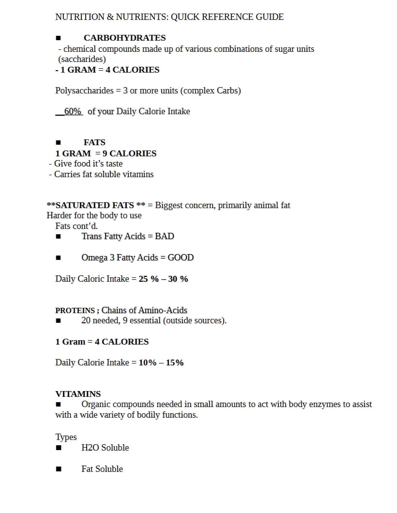 Quick Reference for Nutrition