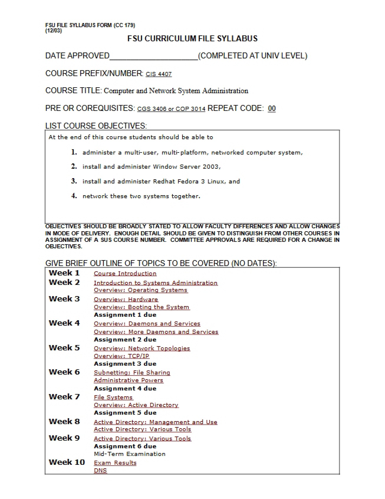 Course Syllabus for Computer and Network System Administration