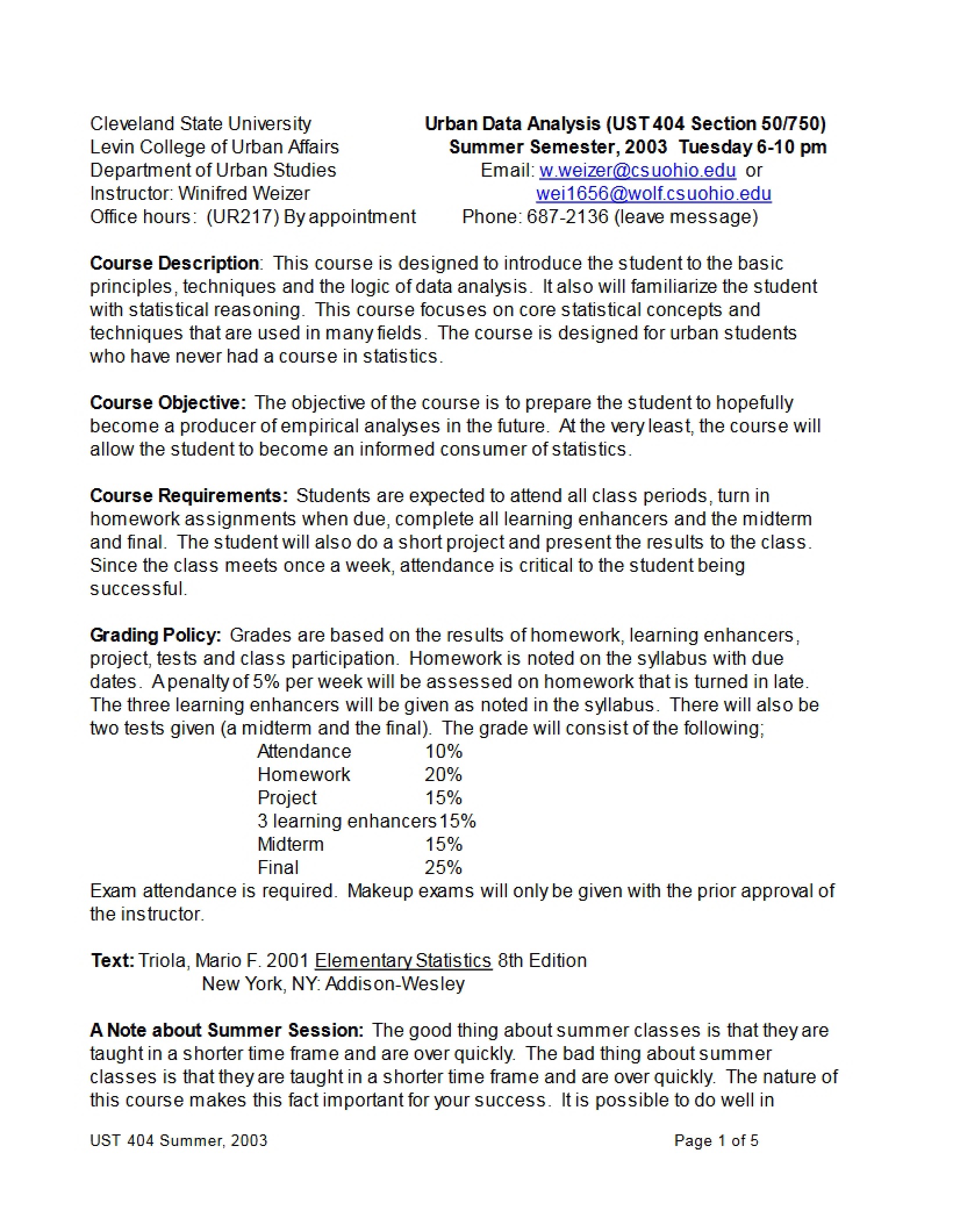 Urban Data Analysis Course Syllabus