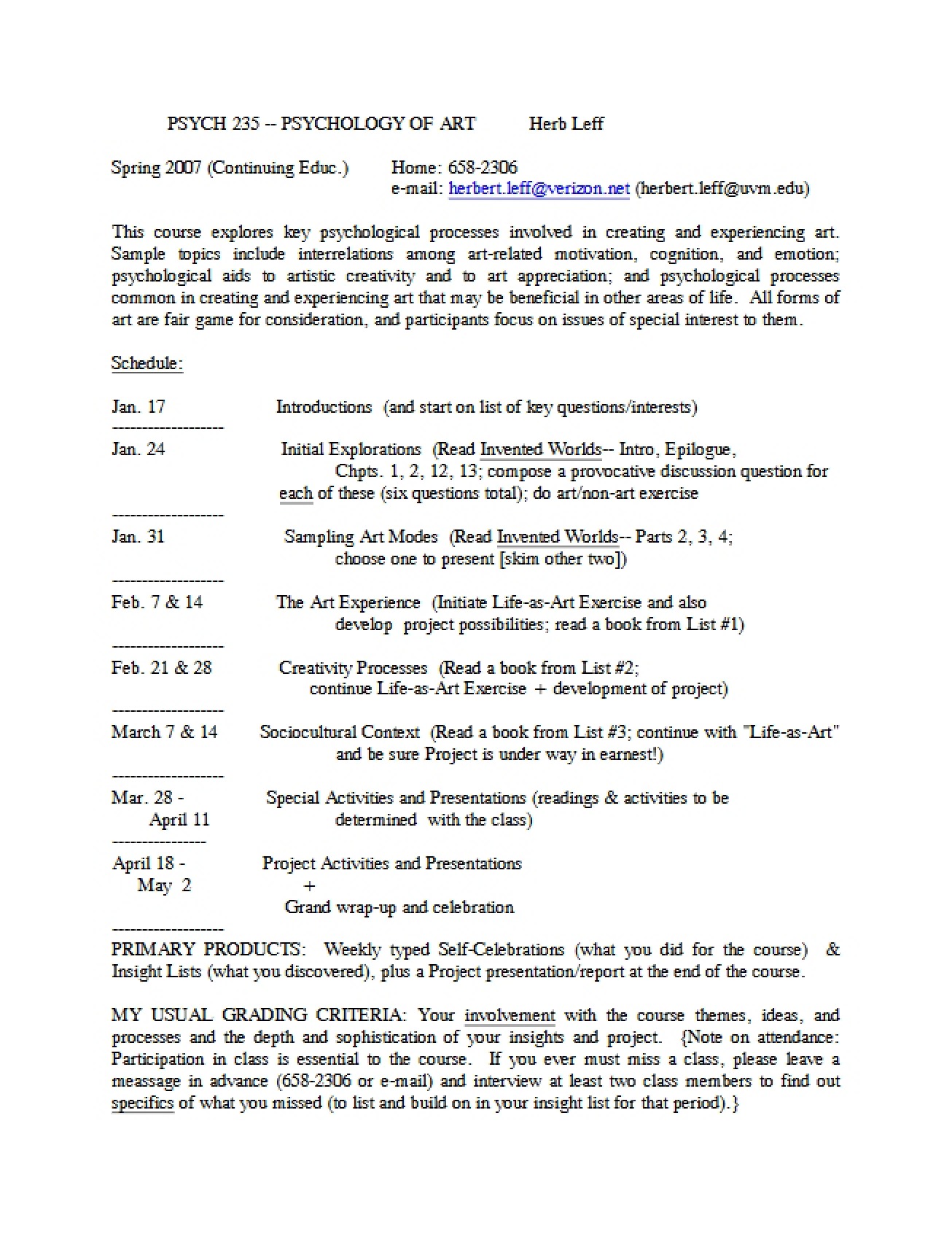 Psychology of Art Class Schedule