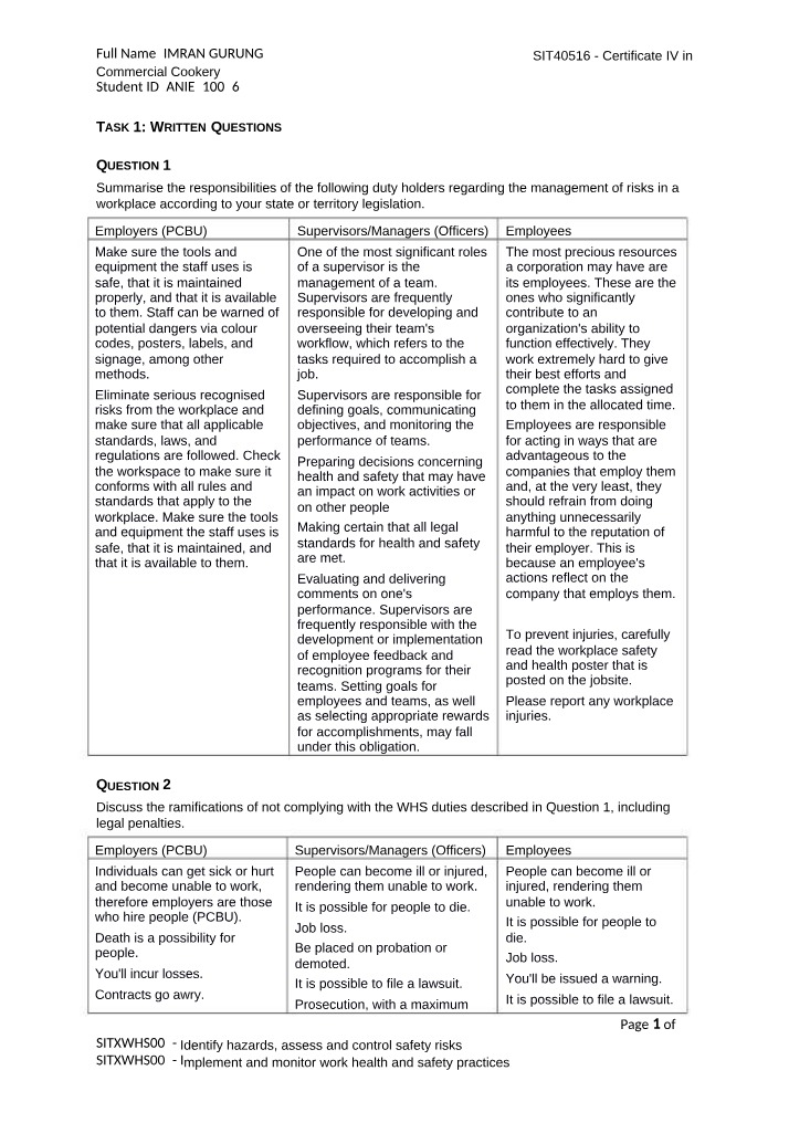Workplace Health and Safety Assessment - Commercial Cookery