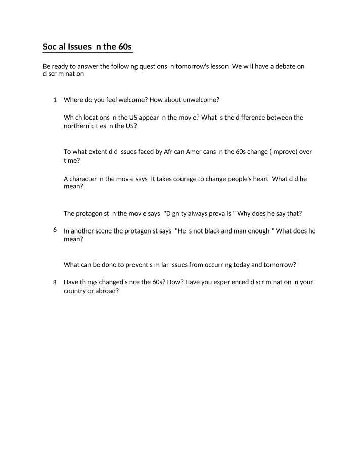Debate Questions for Social Issues in the 60s