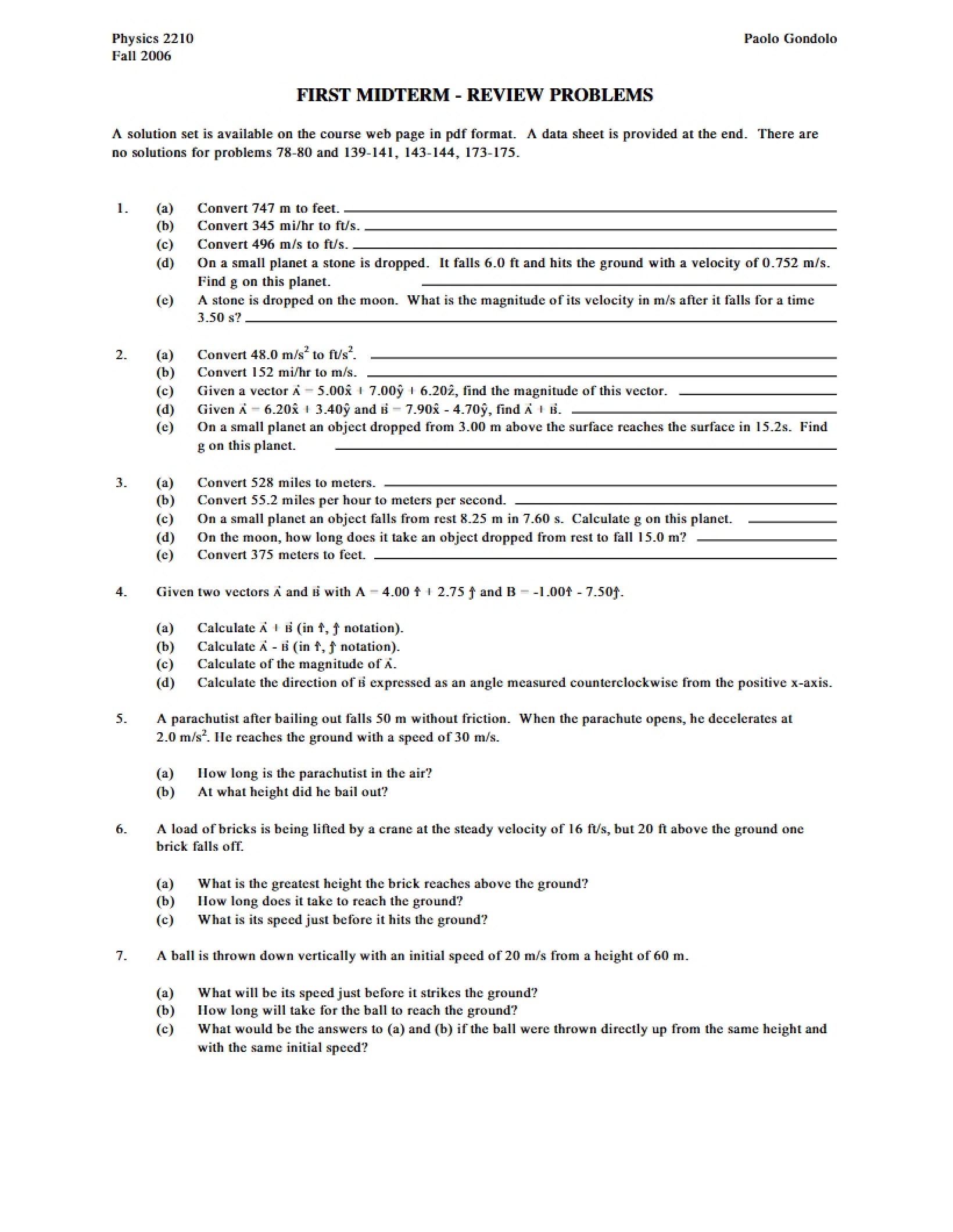 Review Problems First Midterm