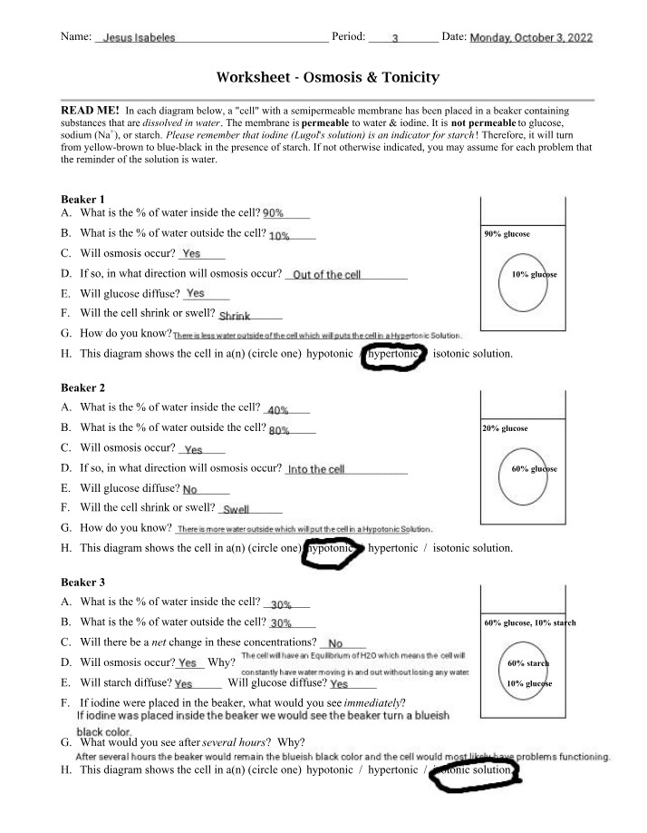 Worksheet on Osmosis and Tonicity