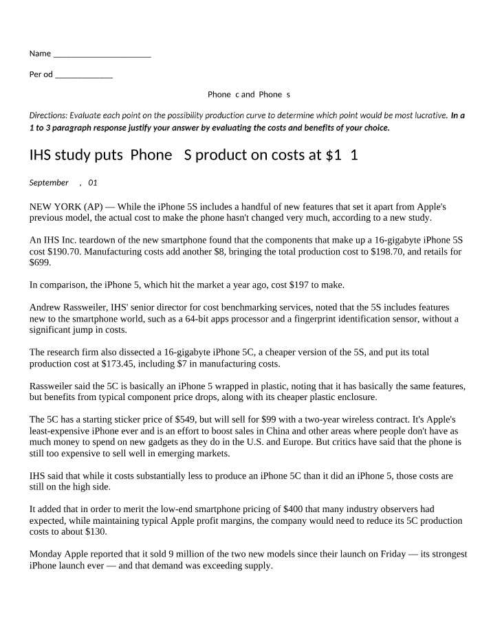 Analysis of iPhone 5S Production Costs