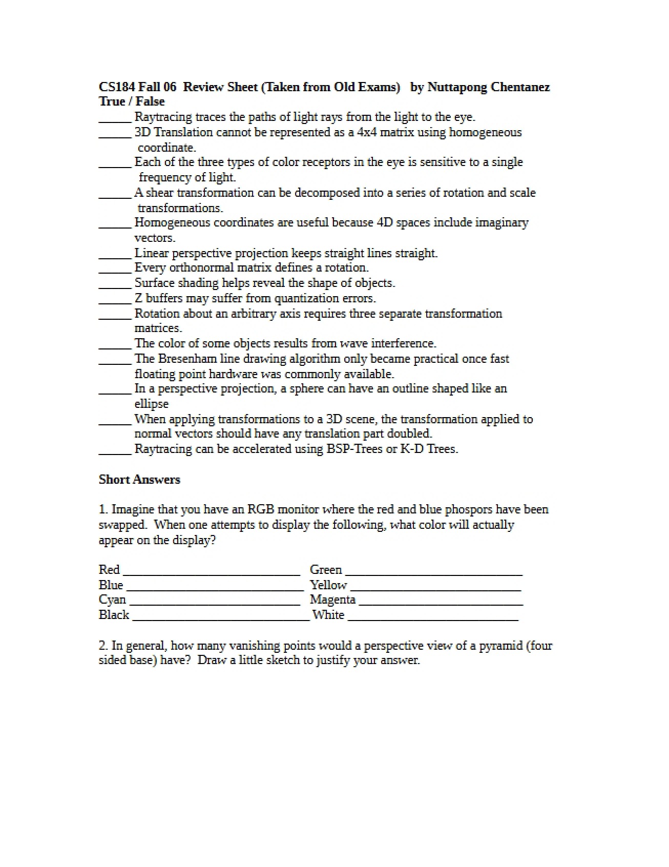 Review Sheet for CS184